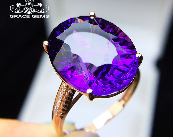 18k Solid Gold Amethyst Ring/Boulder engagement promise wedding ring/Handmade one of a kind/gift for her/Art Deco/Birthday Anniversary gift