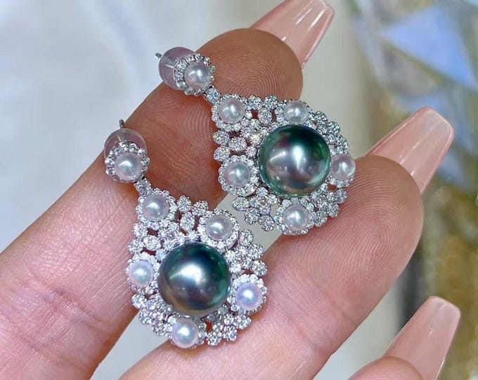 10mm 18k  Black Saltwater Pearl Earrings/Emerald pearl wedding dangles with diamond/Certified Tahiti Pearl handmade earrings gift women