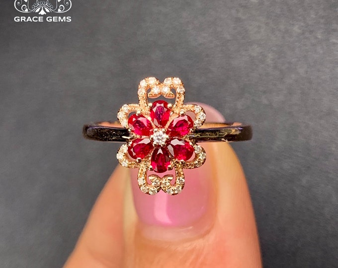 18K Rose Gold dainty ruby ring/Natural ruby Engagement Ring with Diamonds/halo ruby wedding ring/Vintage handmade ruby ring for women Bridal