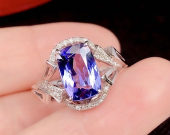 Handmade 5A Tanzanite Ring: 18k White Gold, Diamond Band