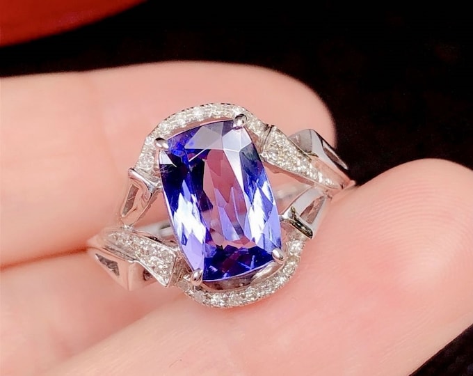Natural 5A Tanzanite ring in 18k white gold with diamond paved band/Unique handmade custom Tanzanite gift ring for her/Custom gift for mom