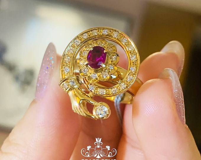 Unique 18k Solid Gold Spinning Ruby fidget Ring/Dainty Ruby Ring with diamonds/Unique modern ruby ring/Artisanal Gold ruby Ring for her