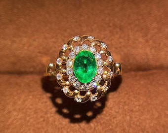 18k Gold Emerald Engagement Ring: Art Deco Diamond Halo emerald ring/Natural emerald, heirloom emerald,custom emerald,emerald solitaire ring