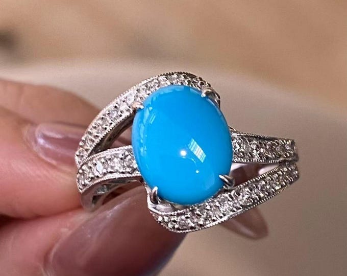 Real natural Turquoise ring in 18k solid gold/Cabochon natural turquoise engagement ring women/unique handmade fine ring women anniversary