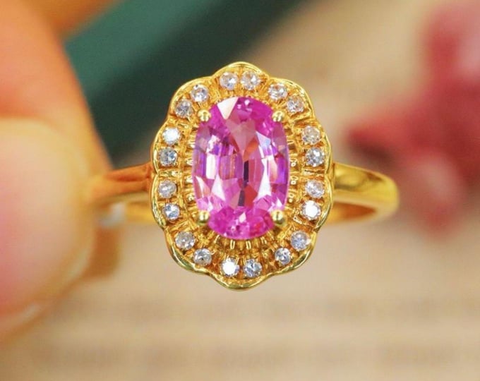 Unique natural pink sapphire engagement ring in 18k solid gold halo diamonds/Handmade fine Padparadscha ring anniversary proposal ring women