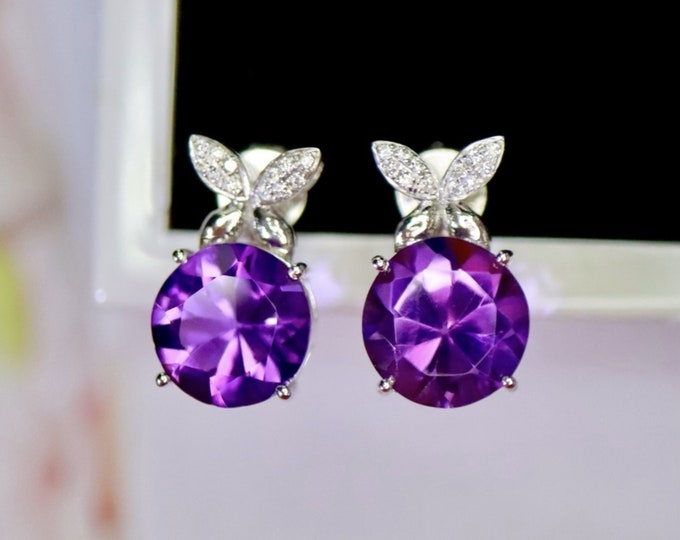 18K white gold amethyst studs/Minimalist amethyst earrings studs/Art Deco amethyst studs/Unique amethyst earrings/Handmade amethyst studs