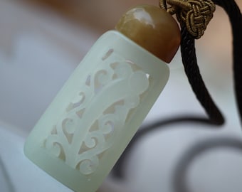 Hand-Carved White Jade Pendant: Hollow Carved Diffuser Necklace
