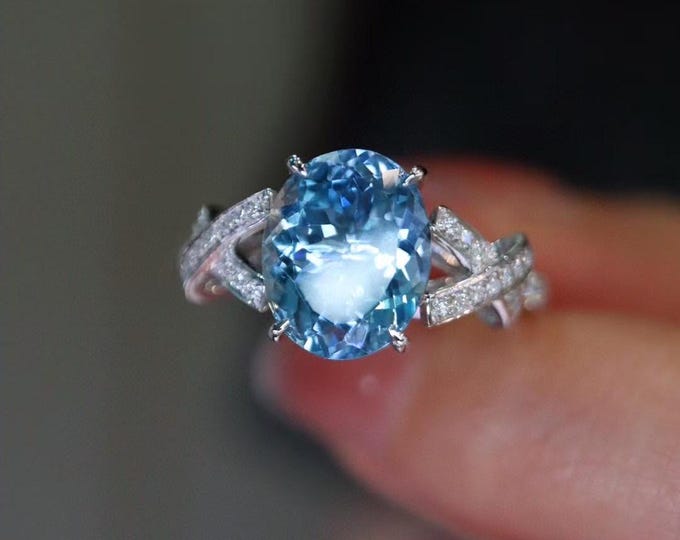 18k solid white gold natural Santa Maria aquamarine ring/Diamond paved aquamarine engagement ring/Aquamarine solitaire fine ring for women
