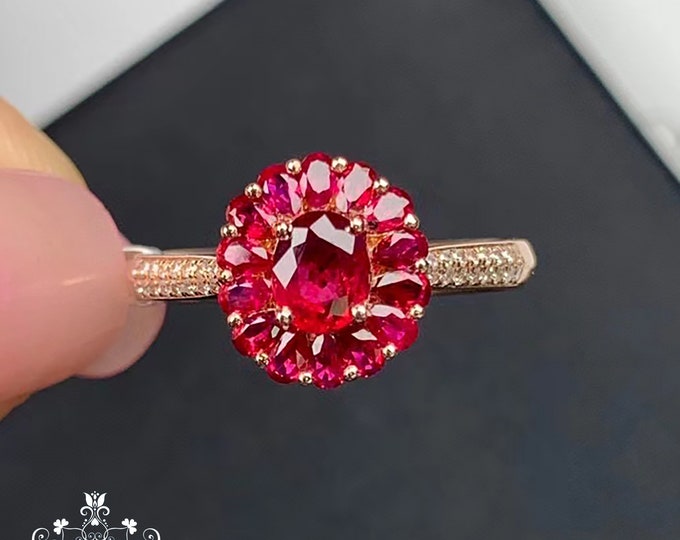 18K Rose Gold ruby ring/Natural unheated ruby/Diamond halo ruby vintage Handmade jewelry for women/ Bridal boho Edward Victoria Art Deco