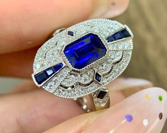 Natural Royal Blue Sapphire Ring: Diamond 18k White Gold Victoria Ring/luxury sapphire vintage ring/Vintage Style Sapphire Ring anniversary