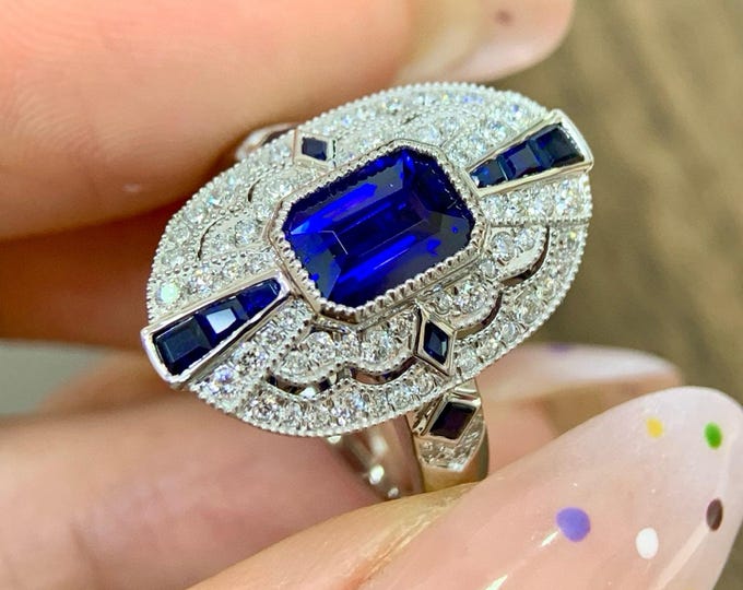 Unique natural royal blue sapphire ring/Real untreated royal blue sapphire from Sri Lanka/Diamond sapphire rig in 18k white gold/Victoria