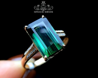 Handmade tourmaline ring/18k rose gold diamond wedding engagement band/halo promise gift for women/bridal set bridesmaid jewelry/boho band