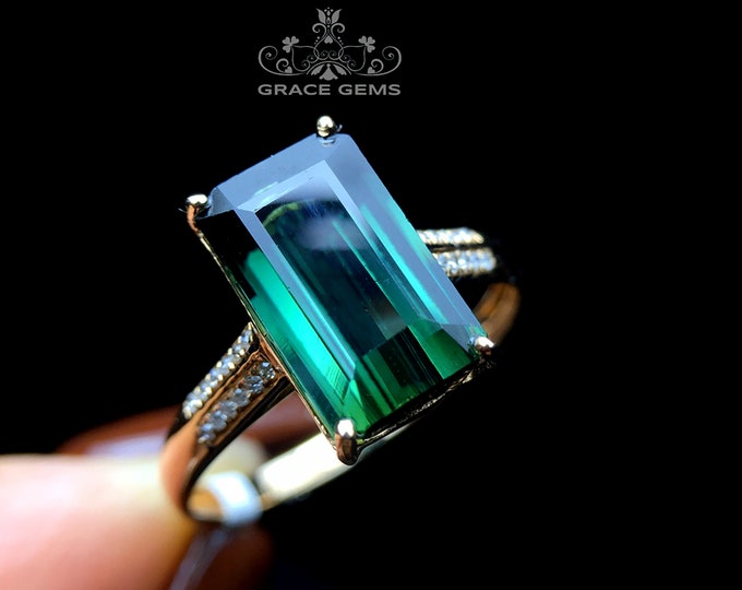 Custom Special Offer(Plain band)-14k/18k gold rare blue emerald cut tourmaline engagement wedding ring/Verdelite gemstone/Customized