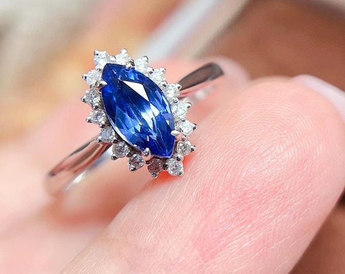 Natural Cornflower Blue Sapphire Ring from Sri Lanka, Marquise Sapphire Halo Ring with Earth-Mined Diamonds, 18K White Gold Fine Jewelry
