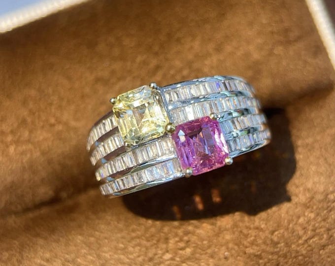 Natural pink sapphire Padparadscha and yellow sapphire ring - unique double stone diamond ring - handmade luxury jewelry
