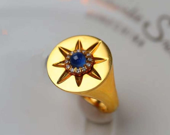 18k solid gold genuine blue sapphire signet ring/dainty royal blue signet ring/Unique blue sapphire signet ring/modern sapphire ring women