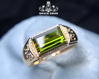 18k rose gold tourmaline ring/Masculine huge tourmaline and diamond men&#39;s engagement ring/one of a kind/Art Deco/Vintage men&#39;s band/Antique