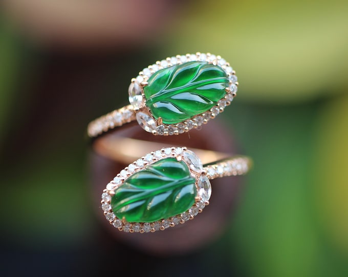 18k Solid Rose Gold Double Leaves Natural Myanmar Green Real Jadeite Jade ring with diamonds/Unique Jade Engagement Wedding gift for her