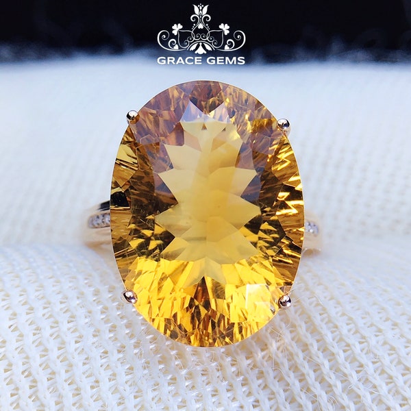 Ready to Ship-18k gold huge Vintage Citrine engagement wedding ring/Natural Genuine Promise Citrine ring/GIft for her/August Birthstone