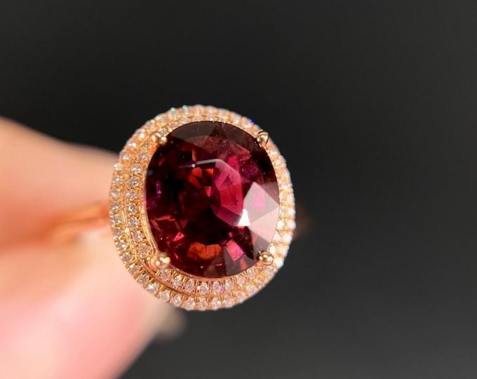 18K Rose Gold Natural Rubellite Tourmaline Diamond Halo Ring, Classic Engagement Ring, Timeless Red Gem Wedding Ring, Fine Jewelry women
