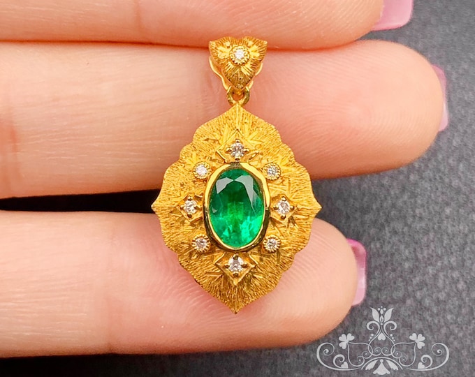 18k gold emerald pendant/genuine Cobalt necklace with diamonds/One of a kind Necklace/Anniversary Birthday Choke/Unique handmade jewelry