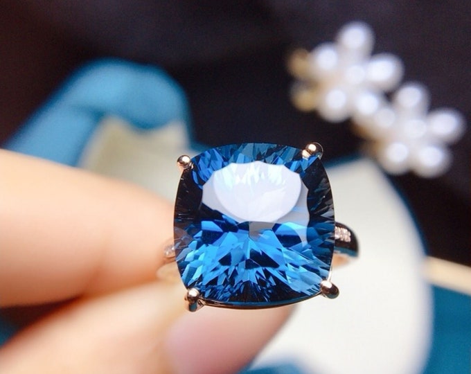 Cushion cut London blue natural Topaz ring in 18k rose gold/engagement wedding topaz ring with diamond/Art Deco/Dec. Birthstone/Unique
