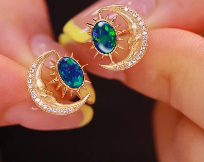 Unique moon 18k Solid Gold Real Australian Opal Earrings Studs/Gold Blue Natural opal moon and star earrings/Unique opal jewelry for her