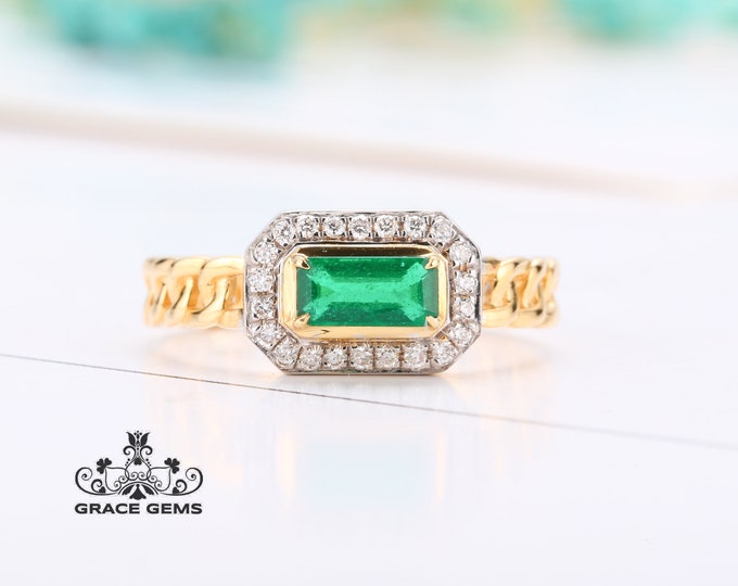 Solitaire Natural Emerald Engagement Wedding Ring in solid 18k gold with diamonds/Vintage Unique Celtic custom gift/Delicate promise gift