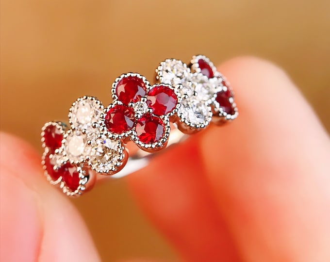 Flower Multi-stone Ruby Engagement Wedding Ring in 18k14k Rose Gold  & Diamonds/Custom Full Eternity Star Ruby Birthstone/Unique Anniversary