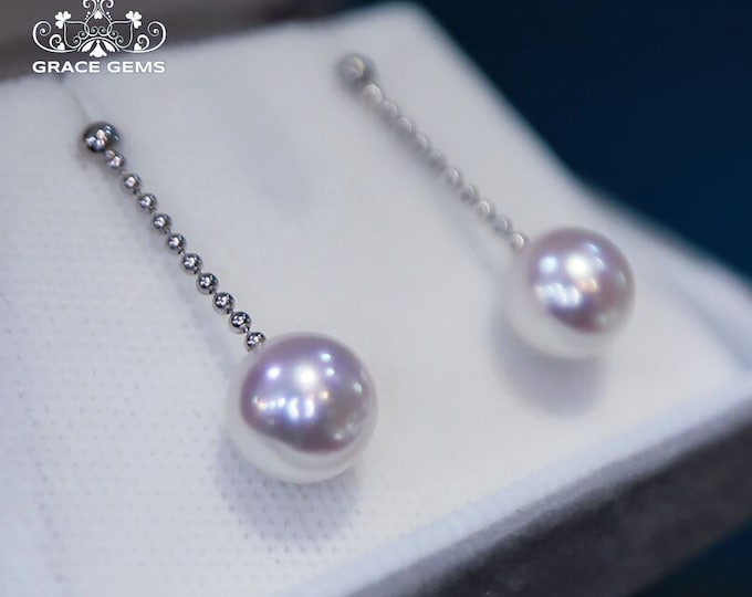 7.5mm 18k gold Natural Japanese Akoya Sea Pearl Earrings/Engagement wedding pearl earrings with/Certified Pear handmade earrings anniversary