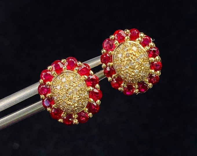18k gold natural ruby earrings with diamonds/Unique certified natural ruby studs/Handmade Viking Egyptian Studs/Unique gift for her birthday