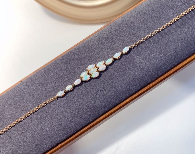 18k rose gold marquise natural Australian opal bracelet/Unique minimalist opal bracelet/1rst 10th anniversary opal gift for her/Blue opal