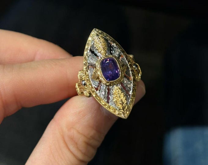 Art Deco Natural Untreated Purple Blue Sapphire Engagement Ring: 18k Yellow Gold Diamond Sapphire Statement Ring Chunky Boho sapphire ring