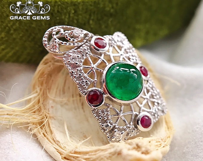 18k gold Natural Emerald multi-stone Pendant/Diamond and ruby emerald/Unique Art Deco Necklace/Anniversary Birthday/handmade gift for women