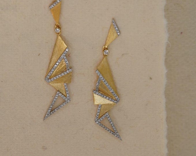 Abstract Geometric Diamond Dangle Earrings, 18K Solid Gold Wedding Earrings, Eternity Anniversary Gift for Her, Mother's Day Jewelry