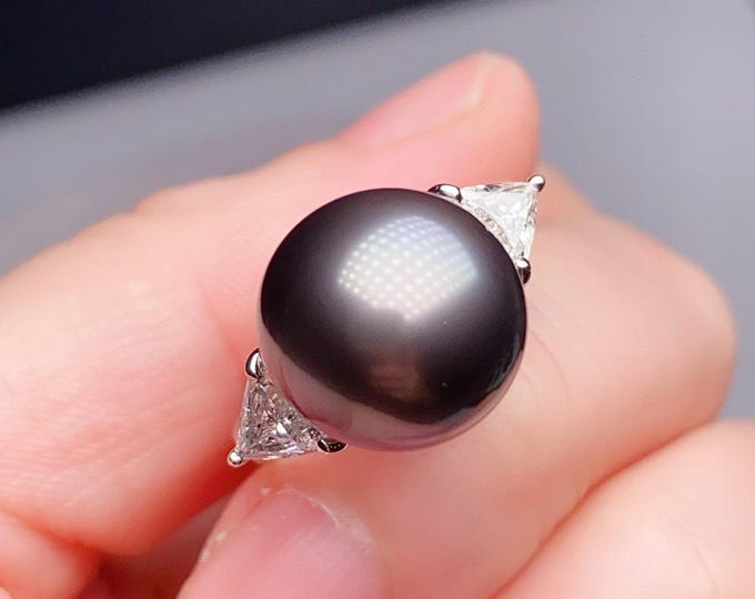 12mm 18k white gold gold Natural Tahiti Black Pearl Ring/Engagement wedding black pearl ring with diamond/Ocen Pear handmade women