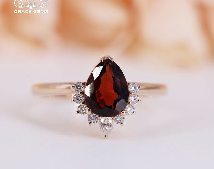 Genuine Pigeon Blood Pear Garnet wedding engagement ring in 18k gold and diamonds/Designer ring/Unique Special promise gift for her wedding
