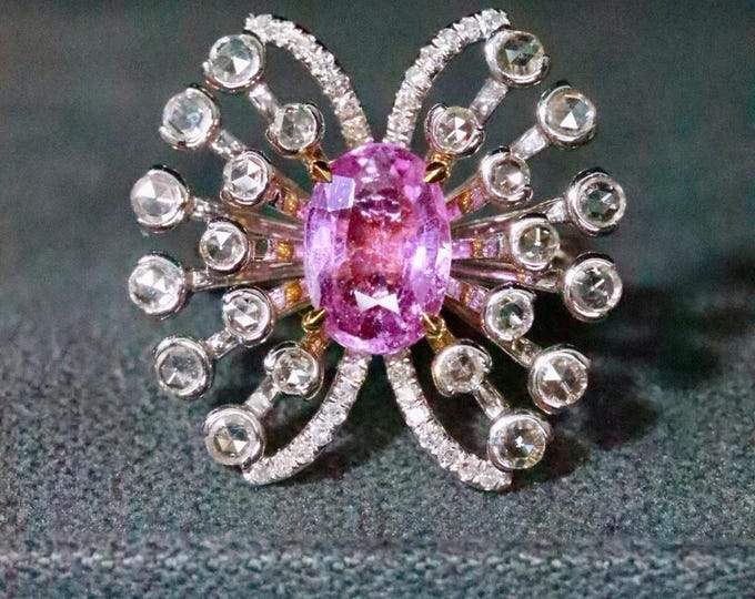 Natural Padparadscha pink sapphire cluster engagement ring with diamonds/Pink gemstone/Vintage Antique/Art Deco pink sapphire ring