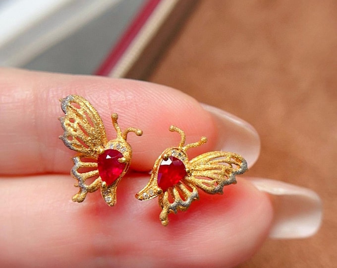 Unique butterfly ruby earrings studs in 18k solid gold/handmade fine jewelry/Mozambique ruby with diamond accents/ruby birthstone gift women