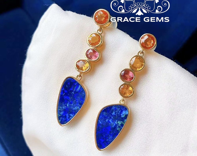 Australian Opal doublets drops Stud in Solid 18k rose gold/Australian Opal dangler/Raw Opal jewelry/Fire Opal earrings/Natural Opal/mindful