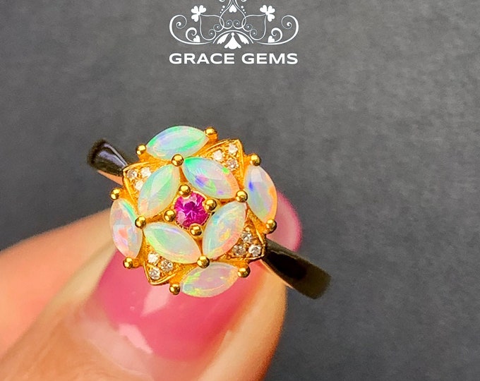 18k Flower-Shape Marquise Natural Opal Ring/Diamonds&ruby multi stone proposal band/opal Art Deco Engagement wedding ring/Handmade for women