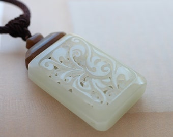 Hand-Carved White Jade Pendant: Hollow Floral Diffuser Necklace