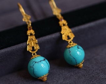 Handmade Turquoise Dangle Earrings: 18k Gold American Turquoise Jewelry/investment jewelry/luxury fine dangle,elegant turquoise earrings her