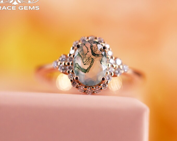 14k 18k Solid Gold 6x8mm Moss Agate ring with Diamond/Engagement Wedding Ring/ Unique Anniversary Gift/Handmade Raw Gems/Best Friend gift