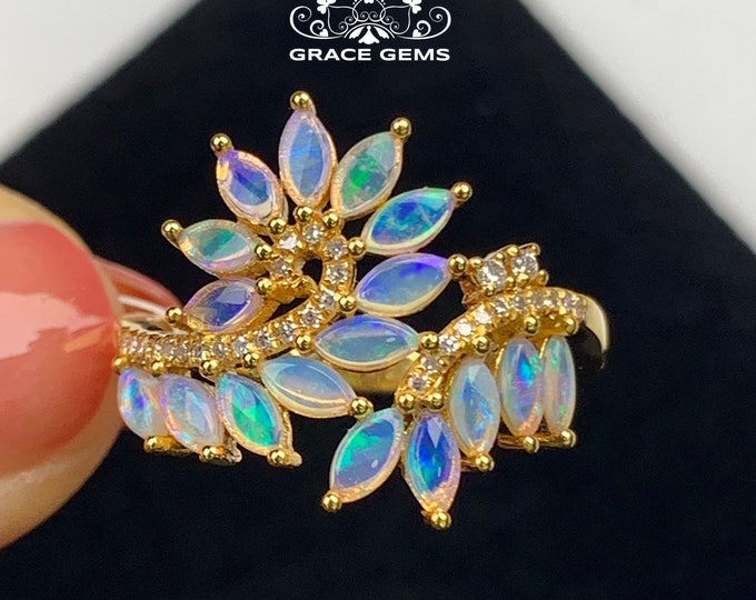 Multi-stone Genuine Marquise Australian Opal Ring in Solid 18k/14k Rose Gold with Diamond/Fire Opal Engagement Wedding Band Opal anniversary