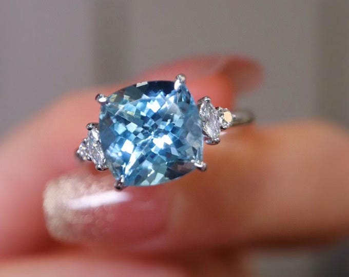 Cushion cut natural Santa Maria ring in 18k white gold/Diamond Art Deco aquamarine ring for her/Women aquamarine birthstone engagement ring