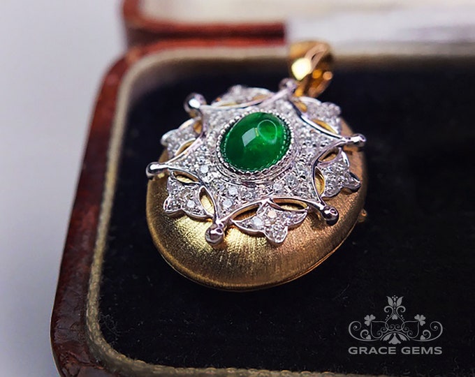 Unique Back-open Genuine Cobalt Emerald Pendant in 18k gold with diamonds/One of a kind Necklace/Anniversary Birthday Choke/Classic Designed