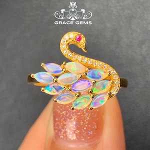 Cluster Swan Shape Natural Australian Opal Ring 18k solid yellow  Gold&Ruby Eye/Opal Bird ring/Boulder Opal/Opal Engagement ring/Fire Opal