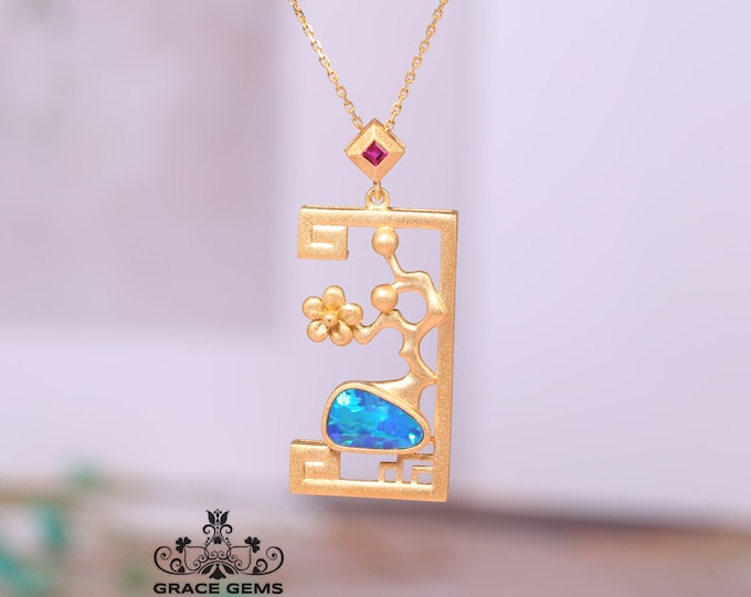 Unique Design Genuine Australian Black Opal Pendant in 18k gold diamond and rubies/Boulder Opal Necklace/Anniversary Birthday Choker/Unique