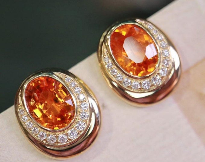 18k Gold Vintage Natural Fanta earring studs/Handmade orange garnet studs/Halo Fanta studs/Unique fanta earring for her/Diamond halo studs